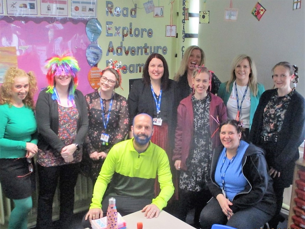 Mad Hair Day Staff at Holt Farm Junior School supporting Mad Hair Day